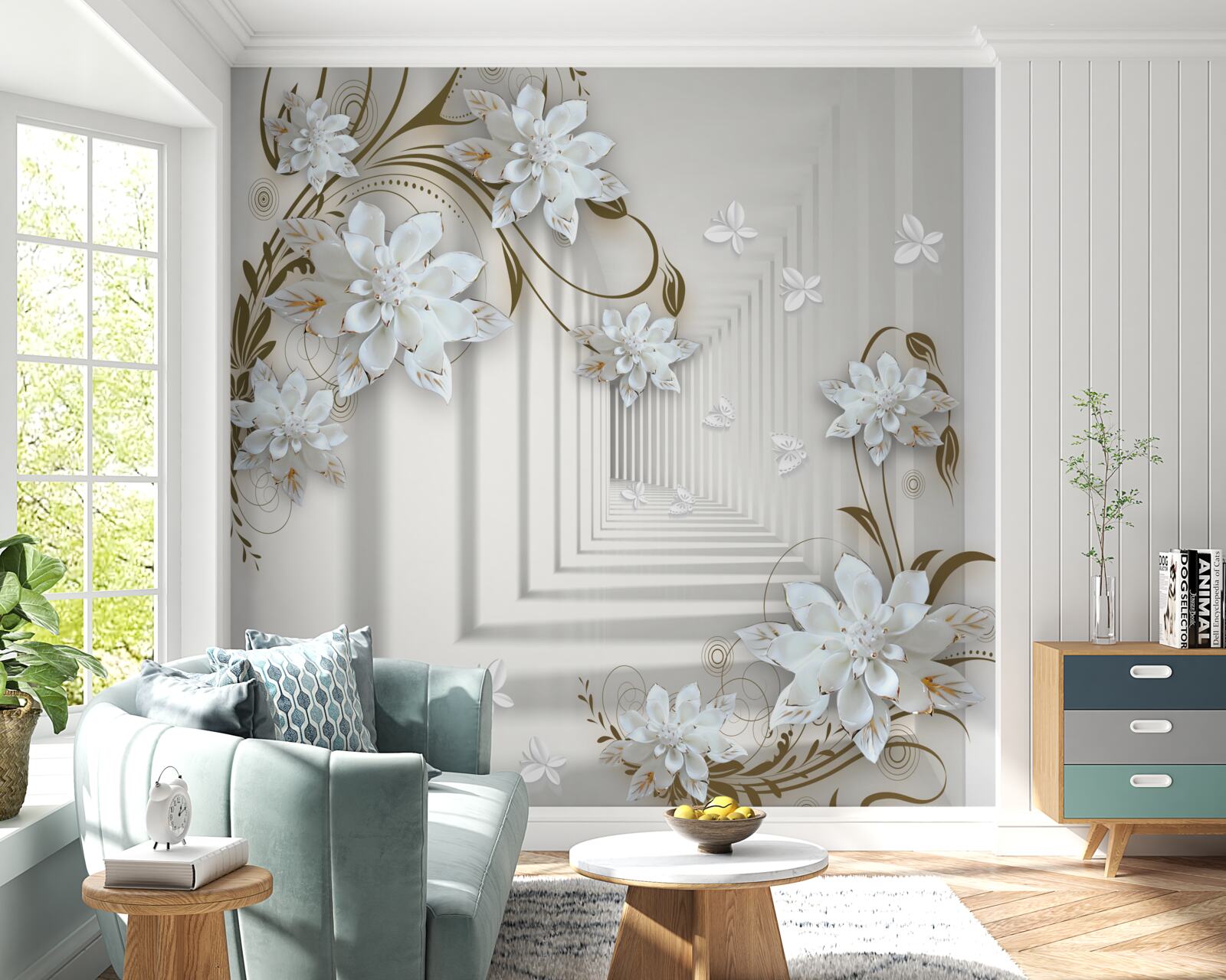 Фотошпалери білі квіти лотоса і тунель, що зникає вдалині