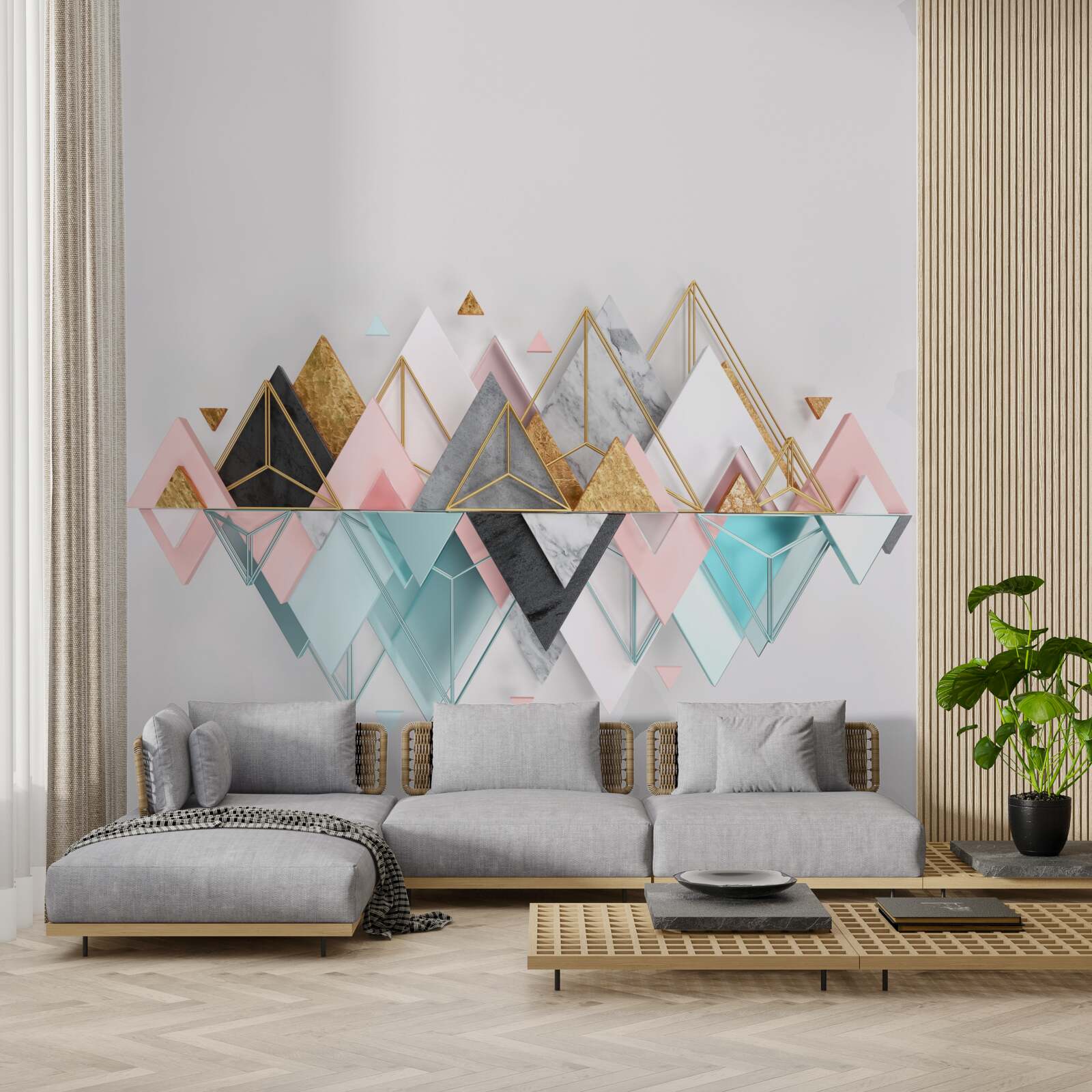 Фотошпалери хвойний ліс, зображений у вигляді трикутників