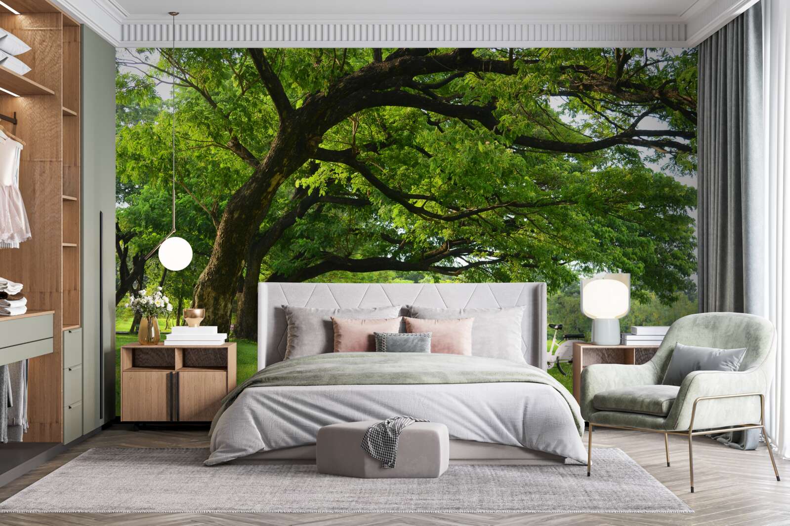 Фотошпалери луг із зеленою травою та столітніми деревами