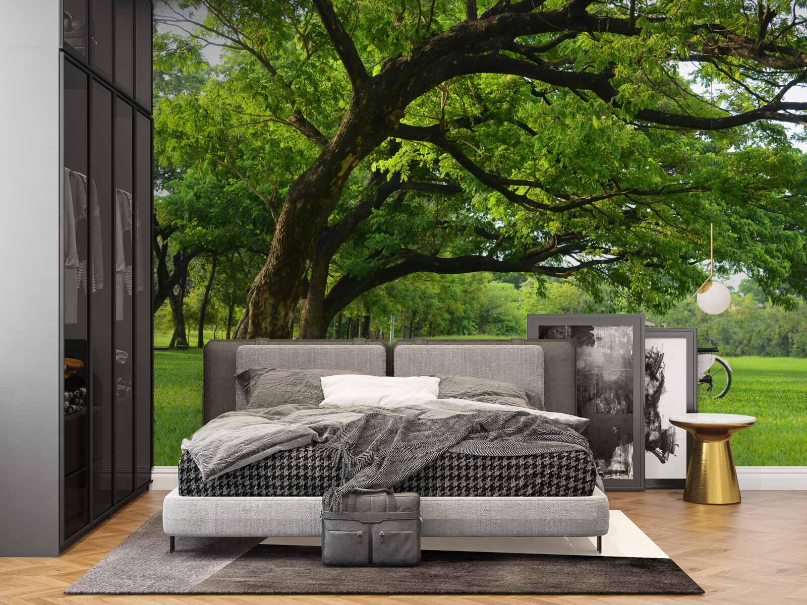 Фотошпалери луг із зеленою травою та столітніми деревами