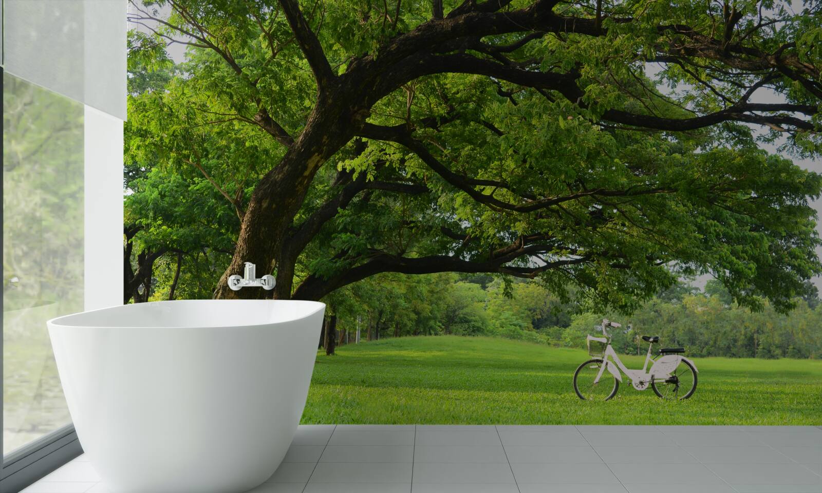 Фотошпалери луг із зеленою травою та столітніми деревами