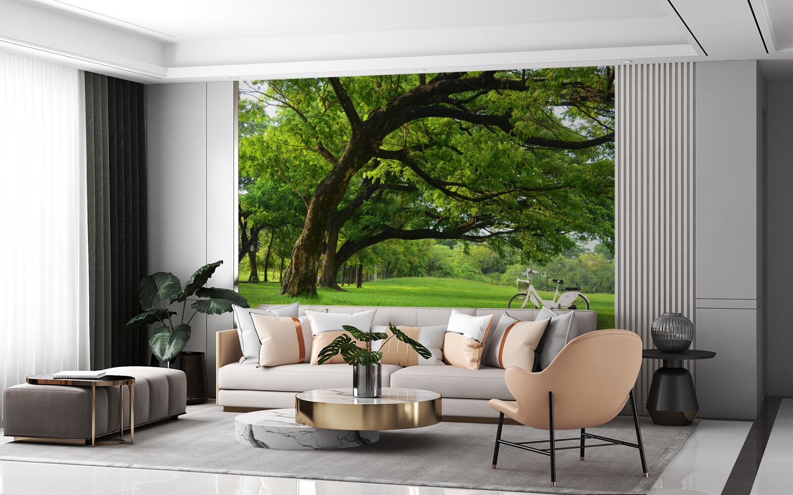 Фотошпалери луг із зеленою травою та столітніми деревами