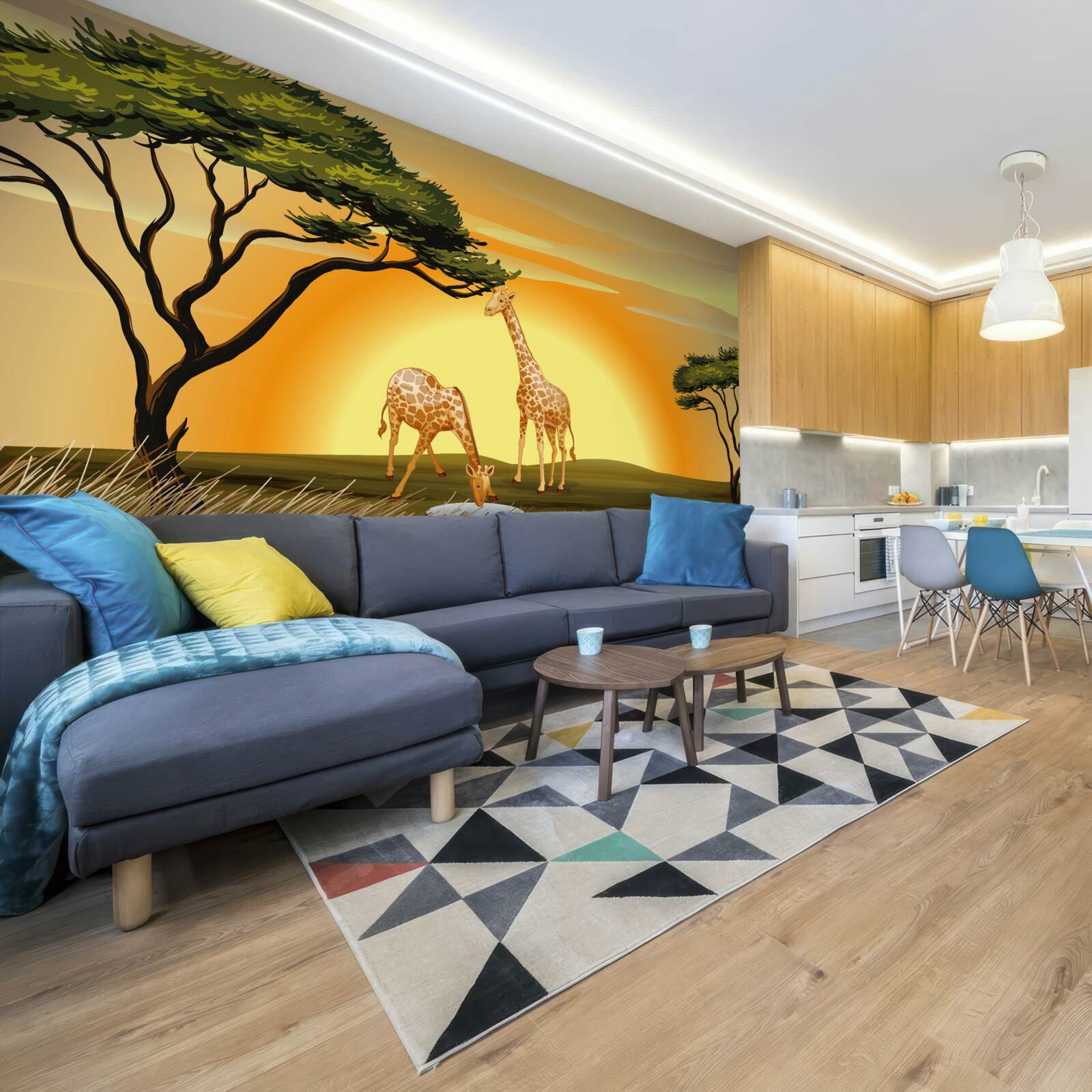 Фотошпалери жирафи на тлі заходу сонця в пустелі