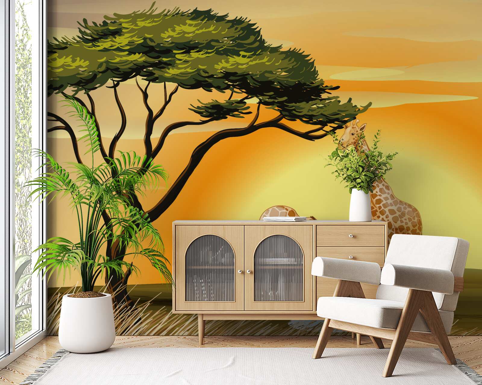 Фотошпалери жирафи на тлі заходу сонця в пустелі