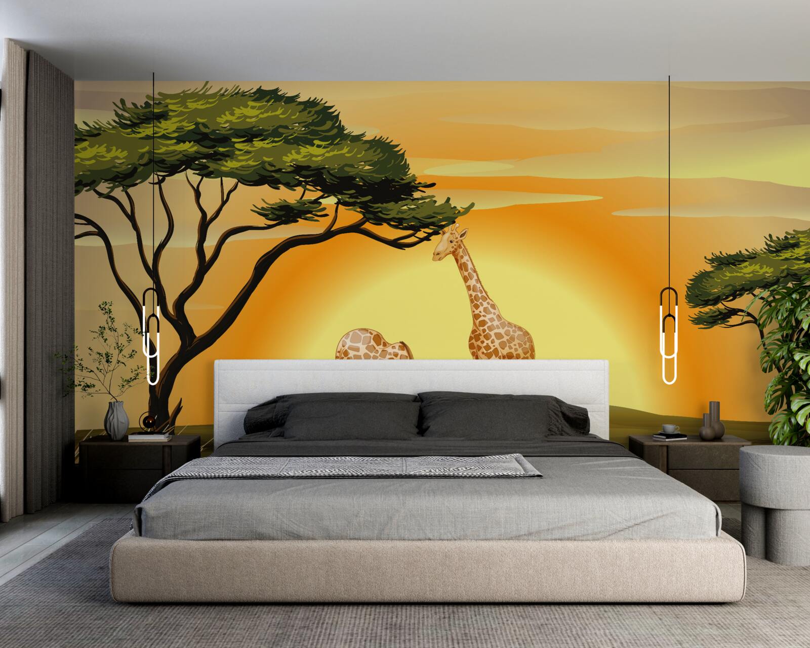 Фотошпалери жирафи на тлі заходу сонця в пустелі