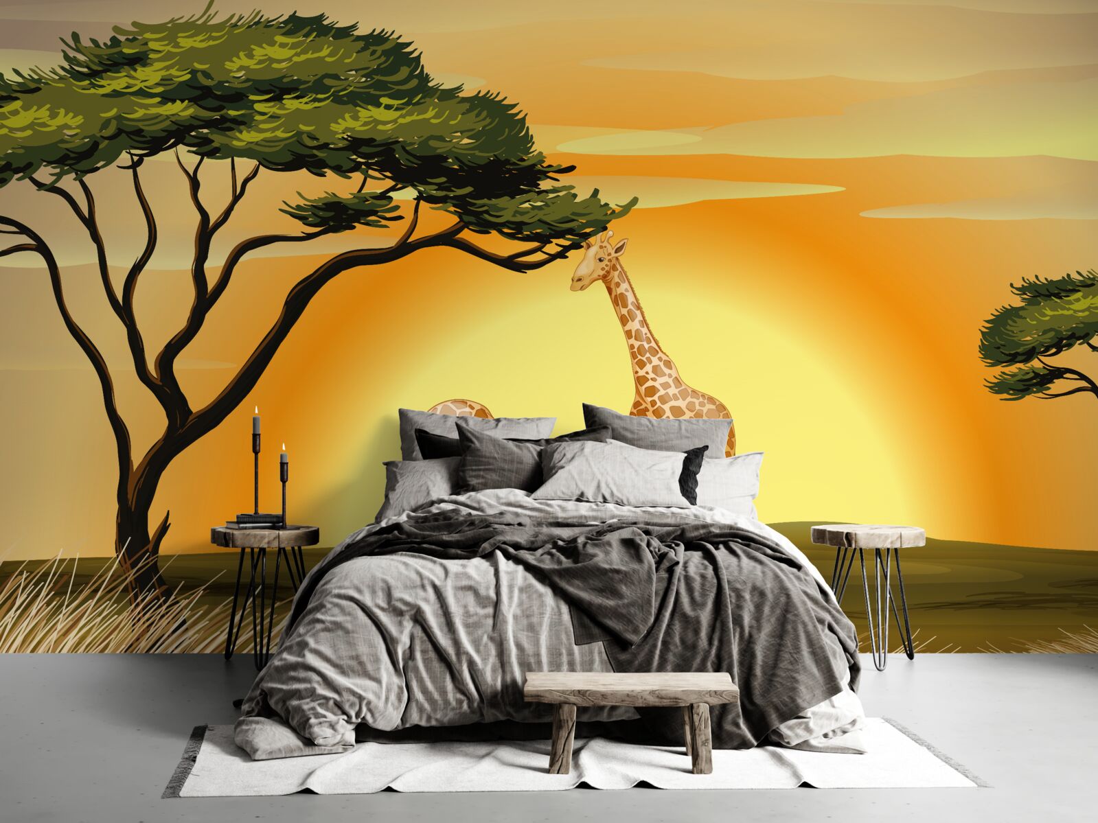 Фотошпалери жирафи на тлі заходу сонця в пустелі