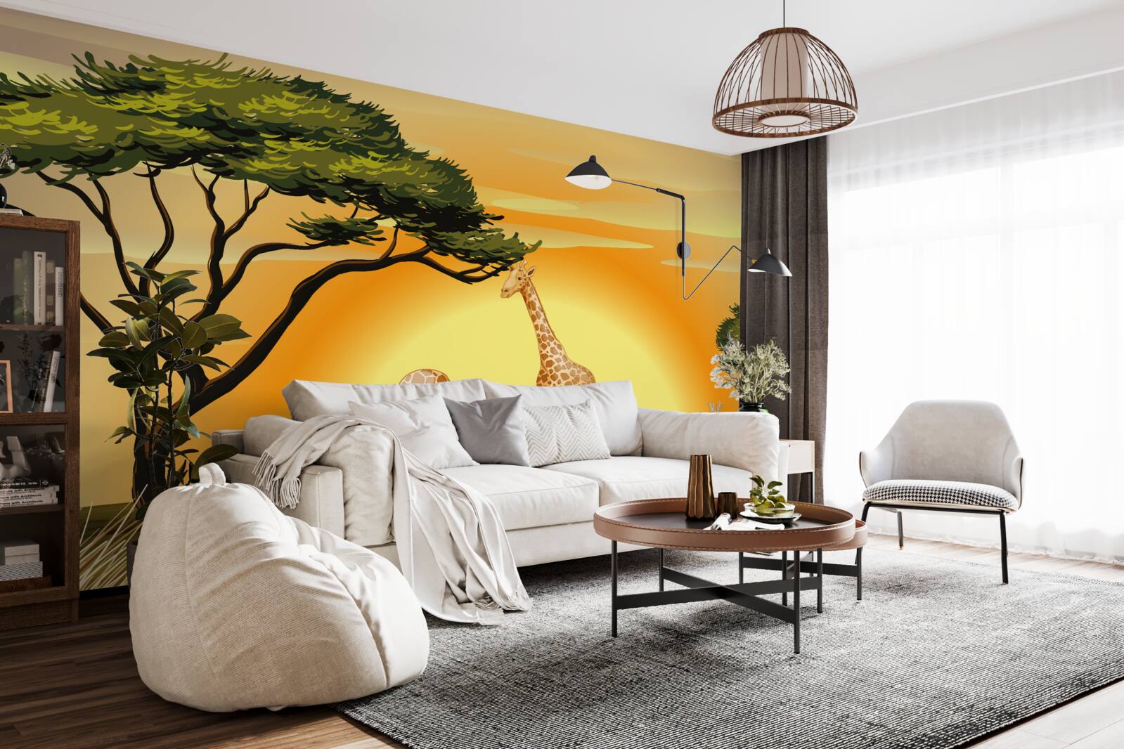 Фотошпалери жирафи на тлі заходу сонця в пустелі