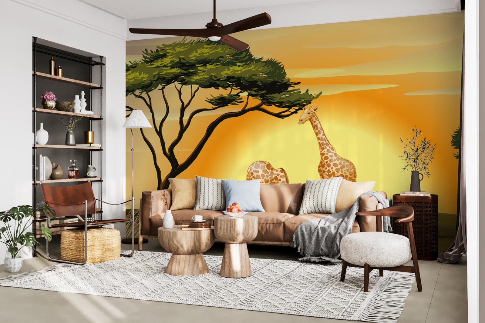 Фотошпалери жирафи на тлі заходу сонця в пустелі