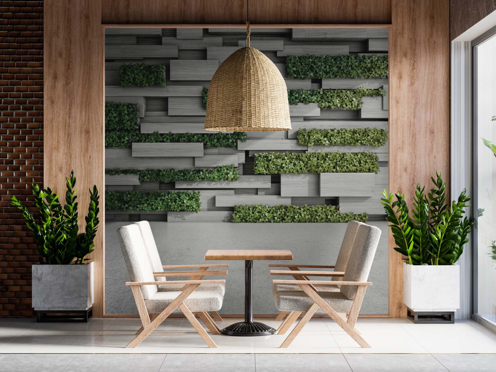 Фотошпалери кам'яна стіна, прикрашена зеленими рослинами