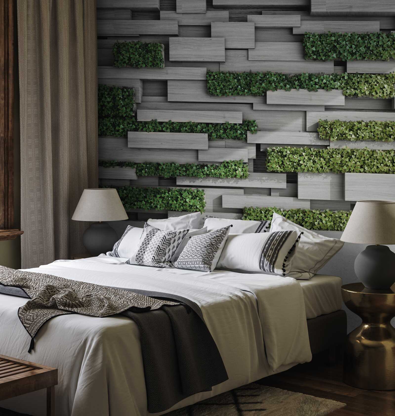 Фотошпалери кам'яна стіна, прикрашена зеленими рослинами