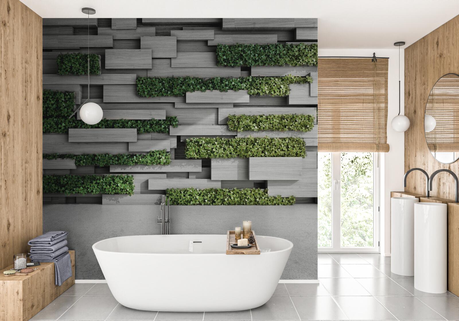 Фотошпалери кам'яна стіна, прикрашена зеленими рослинами