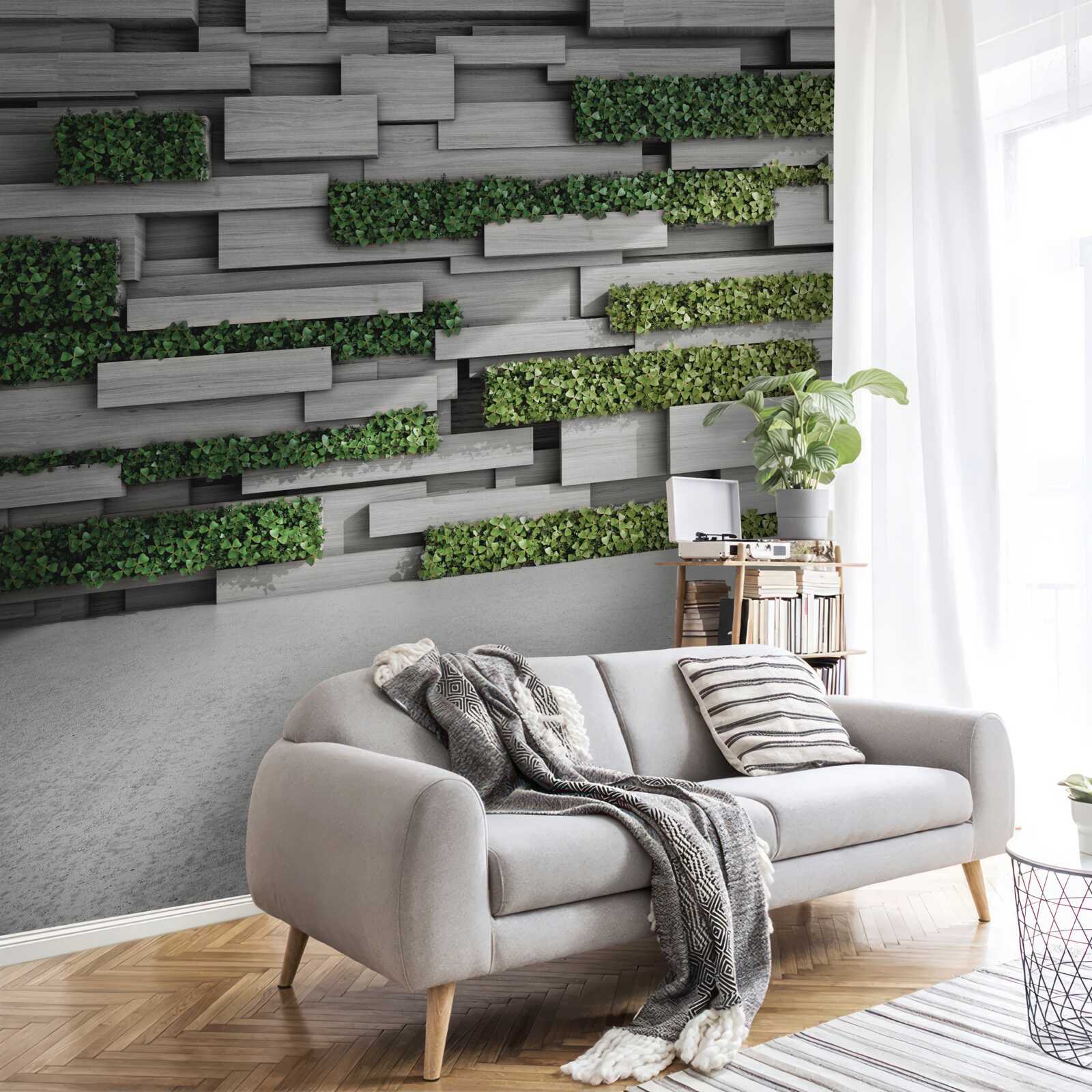 Фотошпалери кам'яна стіна, прикрашена зеленими рослинами