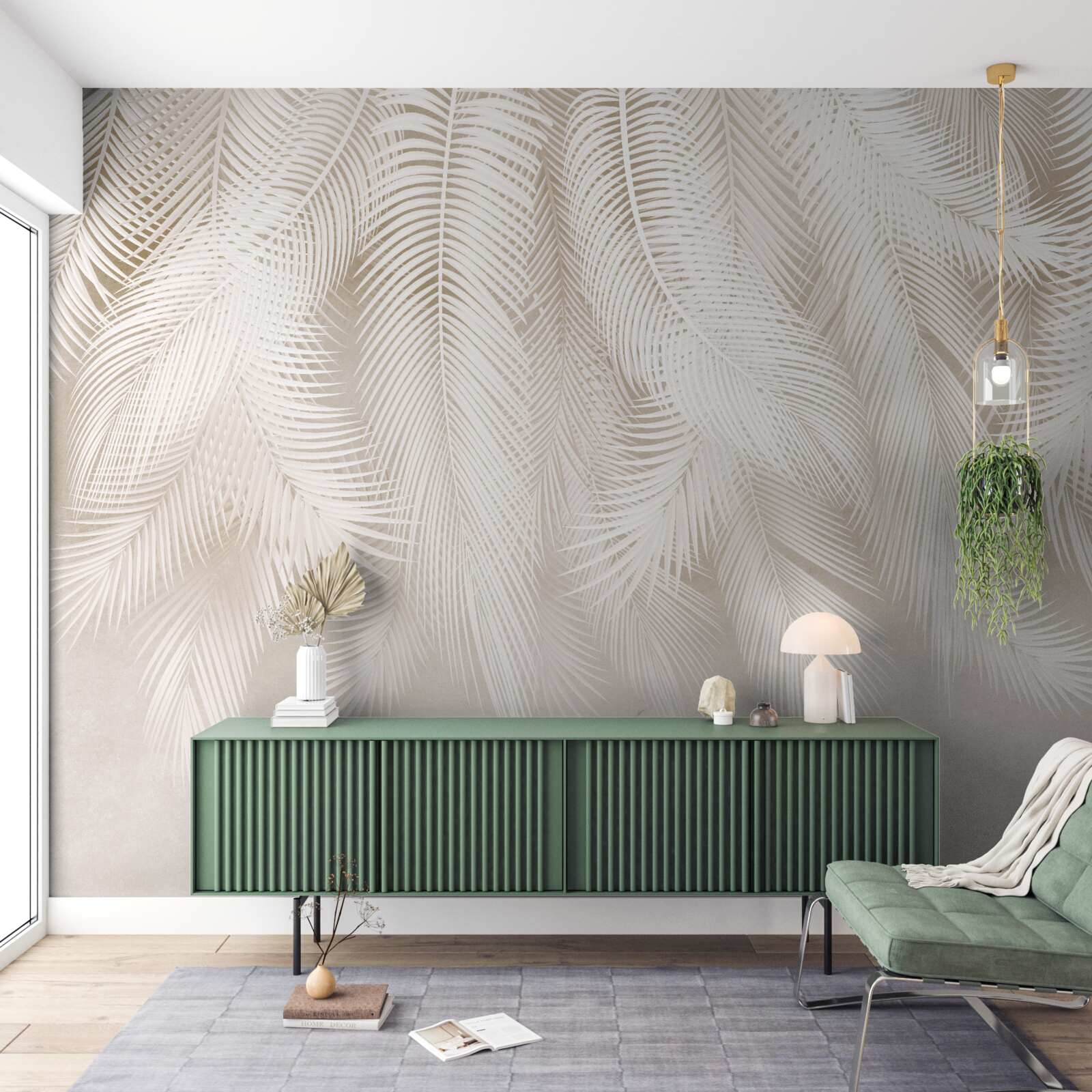 Фотошпалери яскраві папороті на тлі світлих відтінків