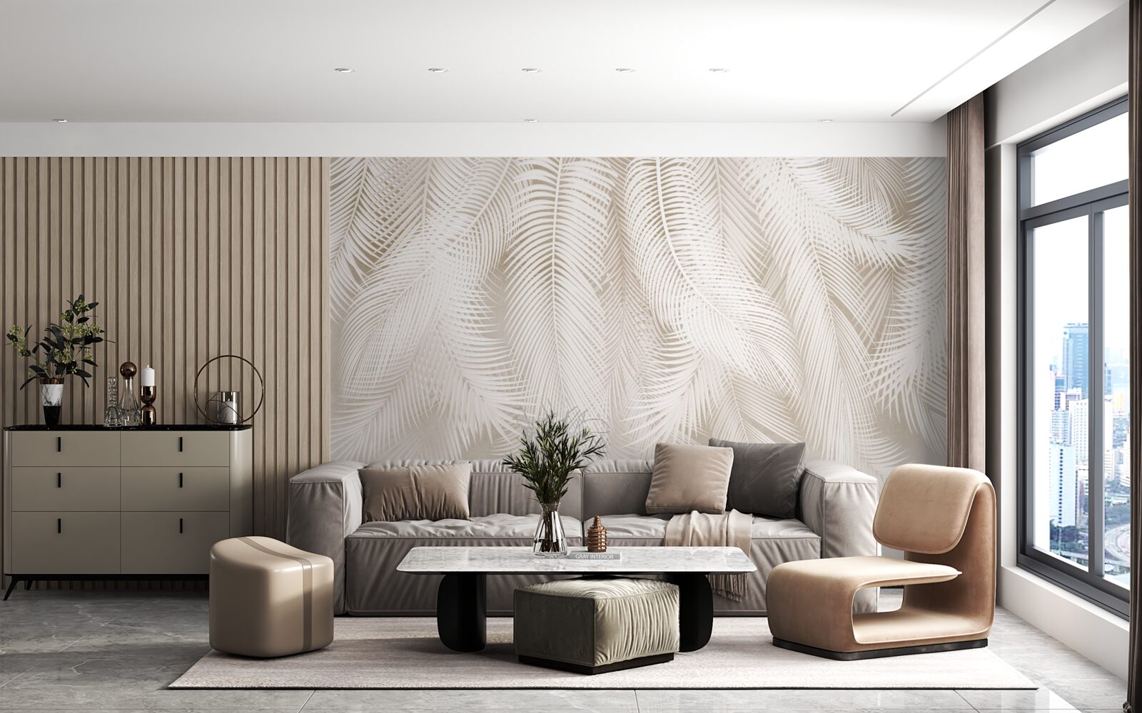 Фотошпалери яскраві папороті на тлі світлих відтінків