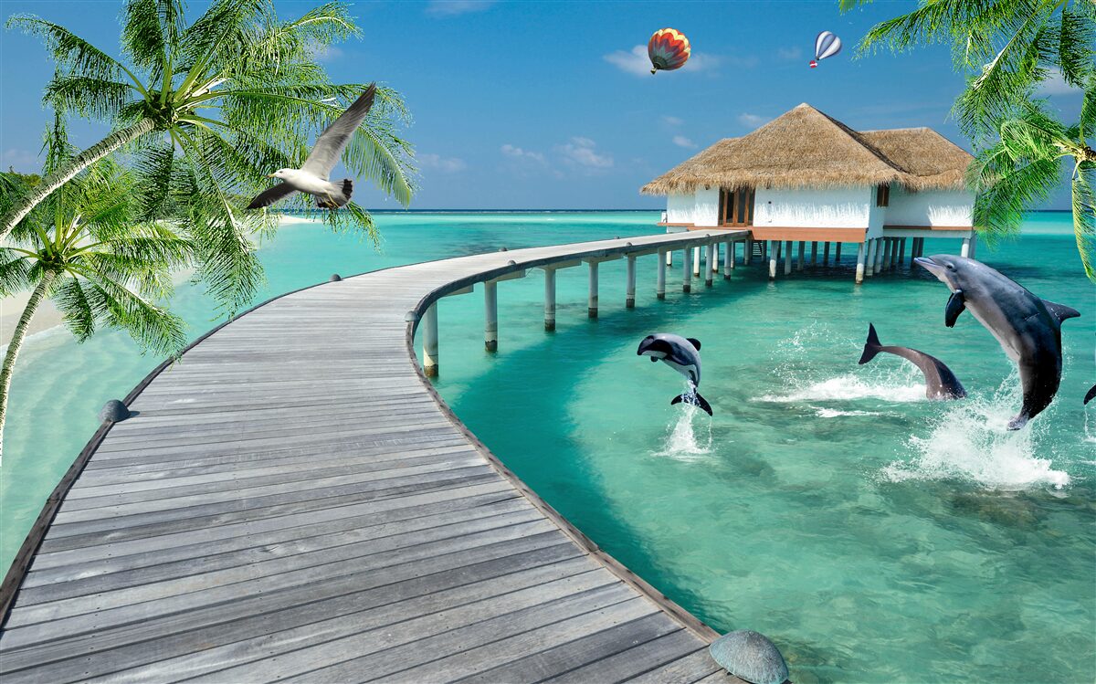 Фотошпалери дерев'яний міст над небесними водами