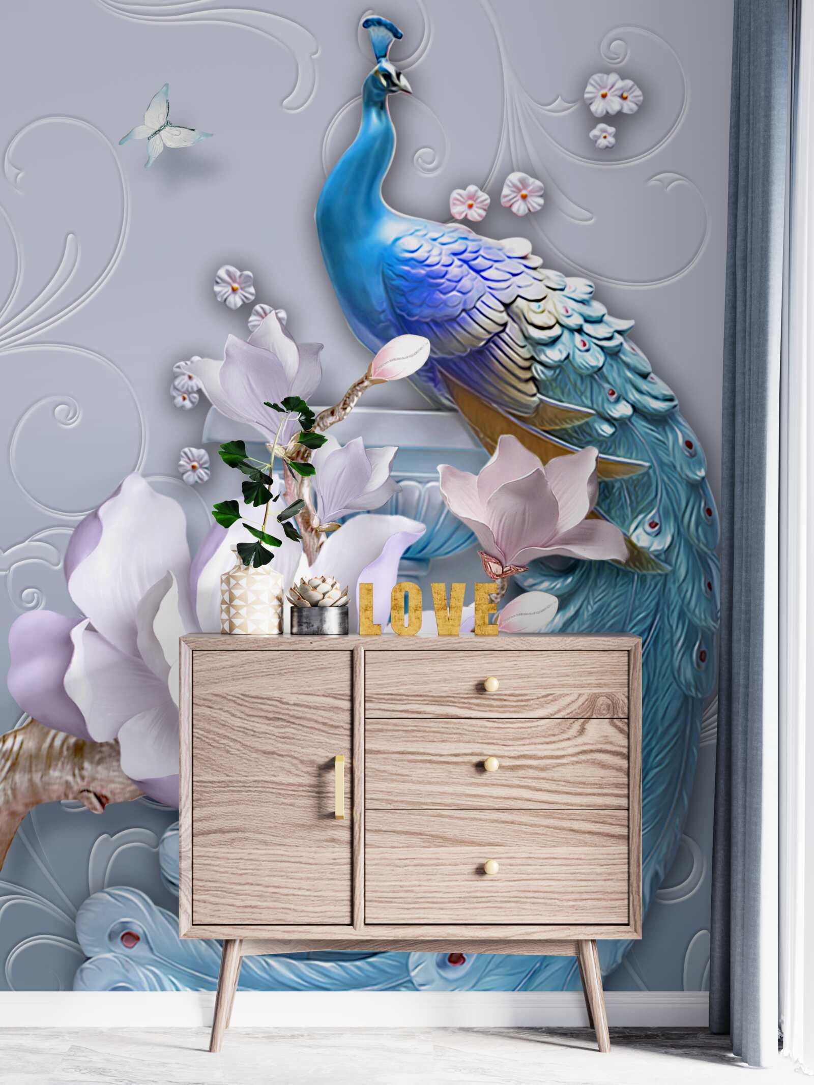 Фотошпалери розкішний павич з густим хвостом, пофарбований у яскраві відтінки