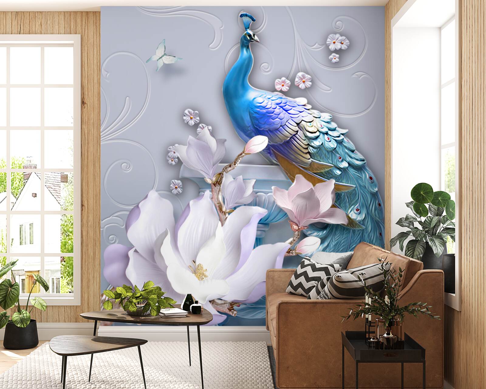 Фотошпалери розкішний павич з густим хвостом, пофарбований у яскраві відтінки