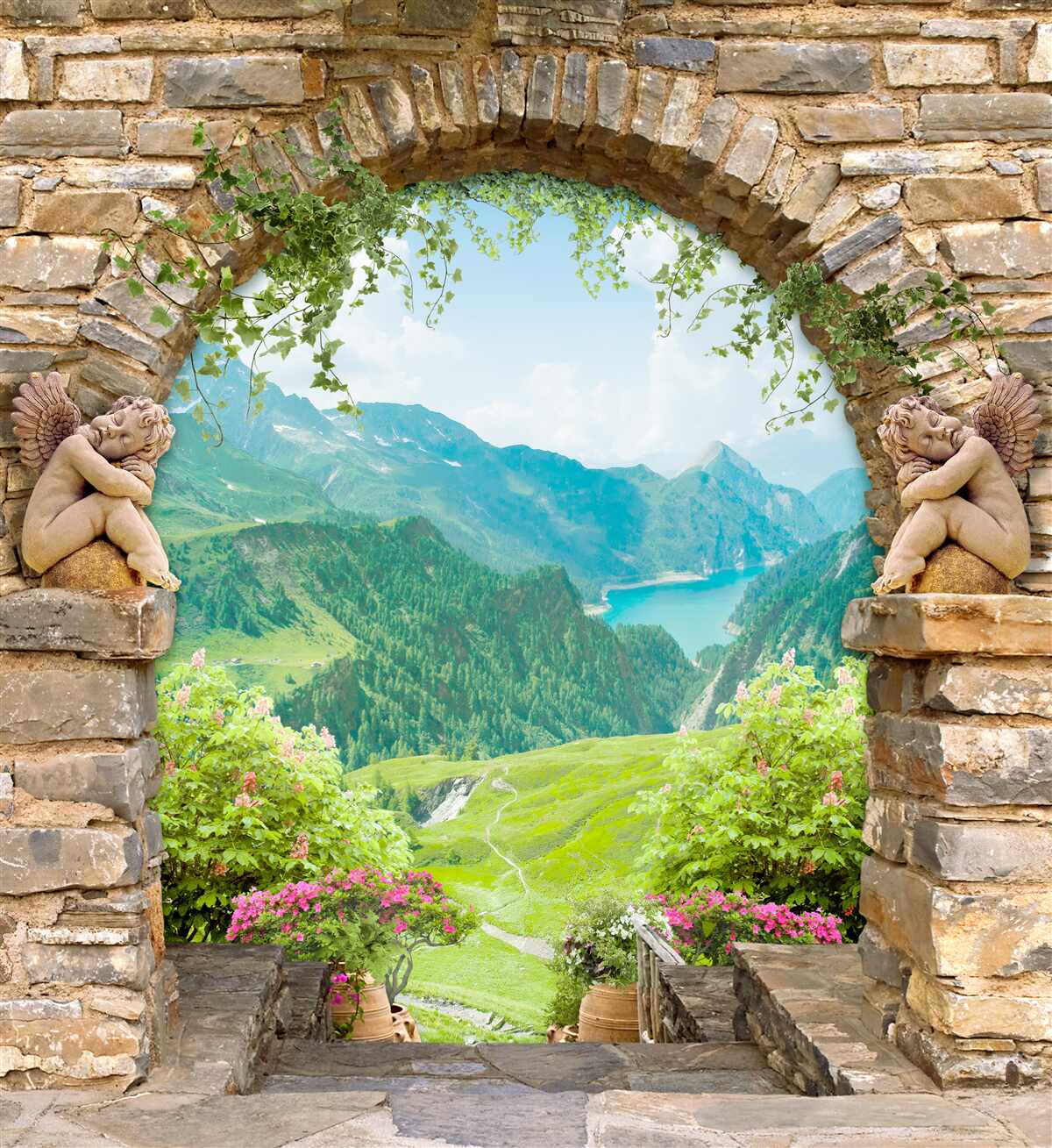 Фотошпалери старовинна кам'яна арка із зображенням ангелів та панорамою гір