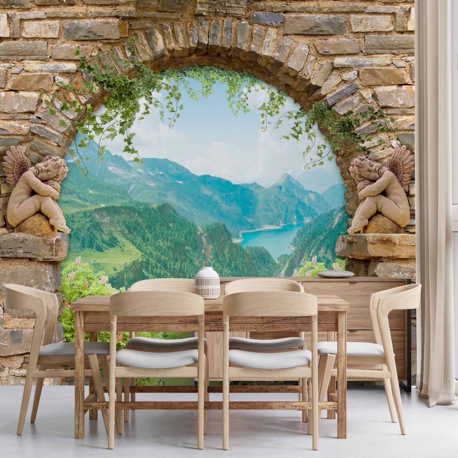 Фотошпалери старовинна кам'яна арка із зображенням ангелів та панорамою гір