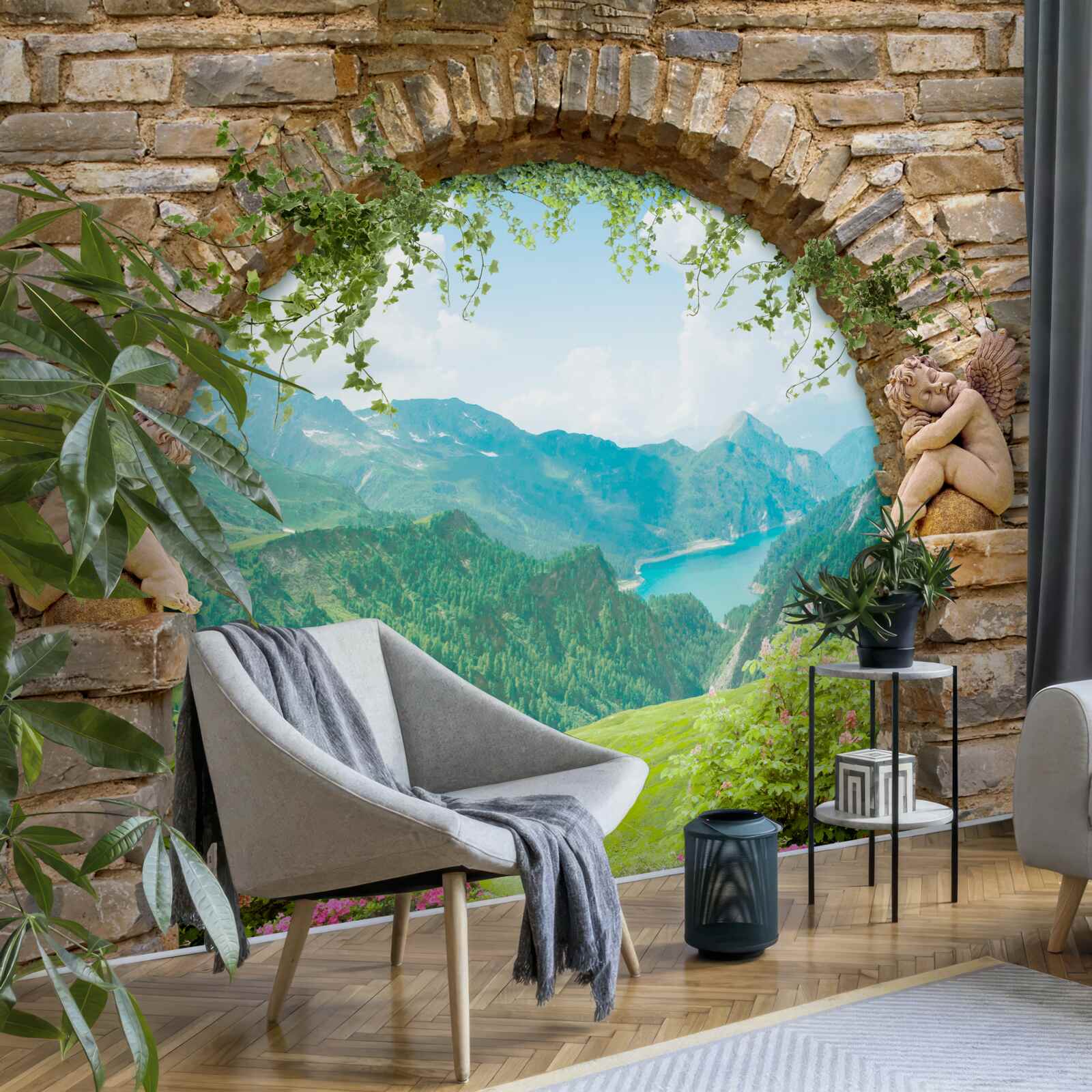 Фотошпалери старовинна кам'яна арка із зображенням ангелів та панорамою гір