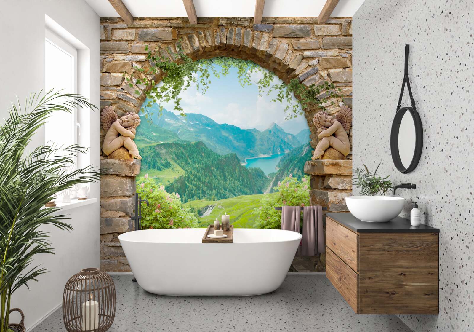 Фотошпалери старовинна кам'яна арка із зображенням ангелів та панорамою гір