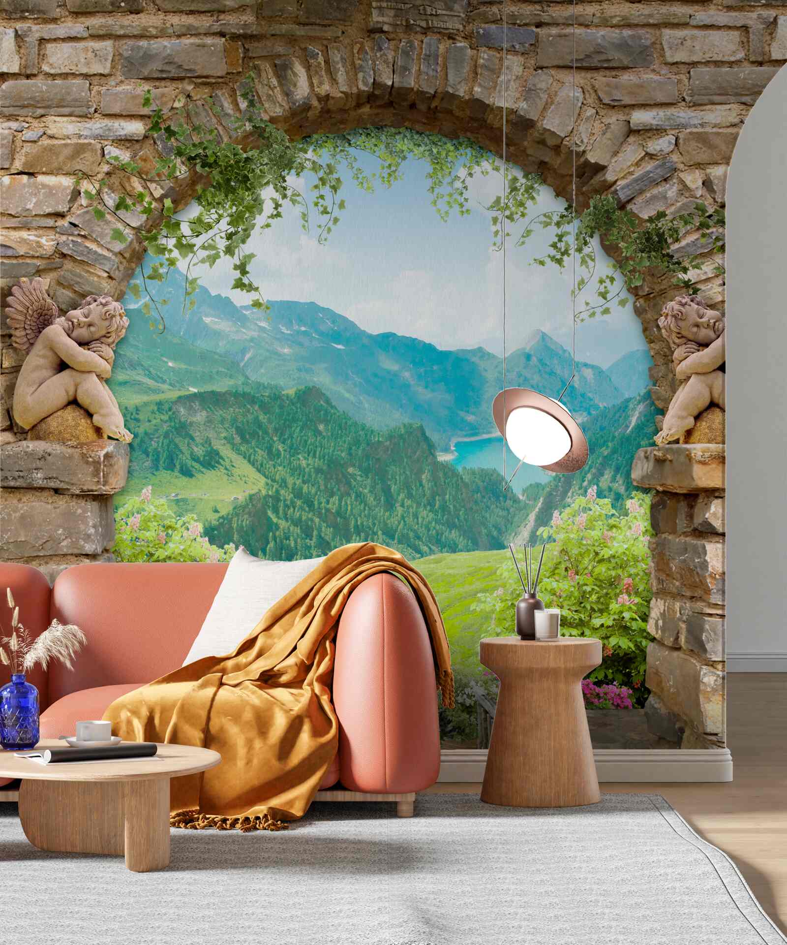 Фотошпалери старовинна кам'яна арка із зображенням ангелів та панорамою гір