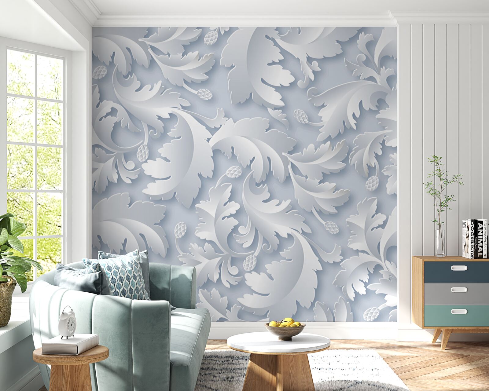 Фотошпалери абстрактний з білим і сріблястим листям