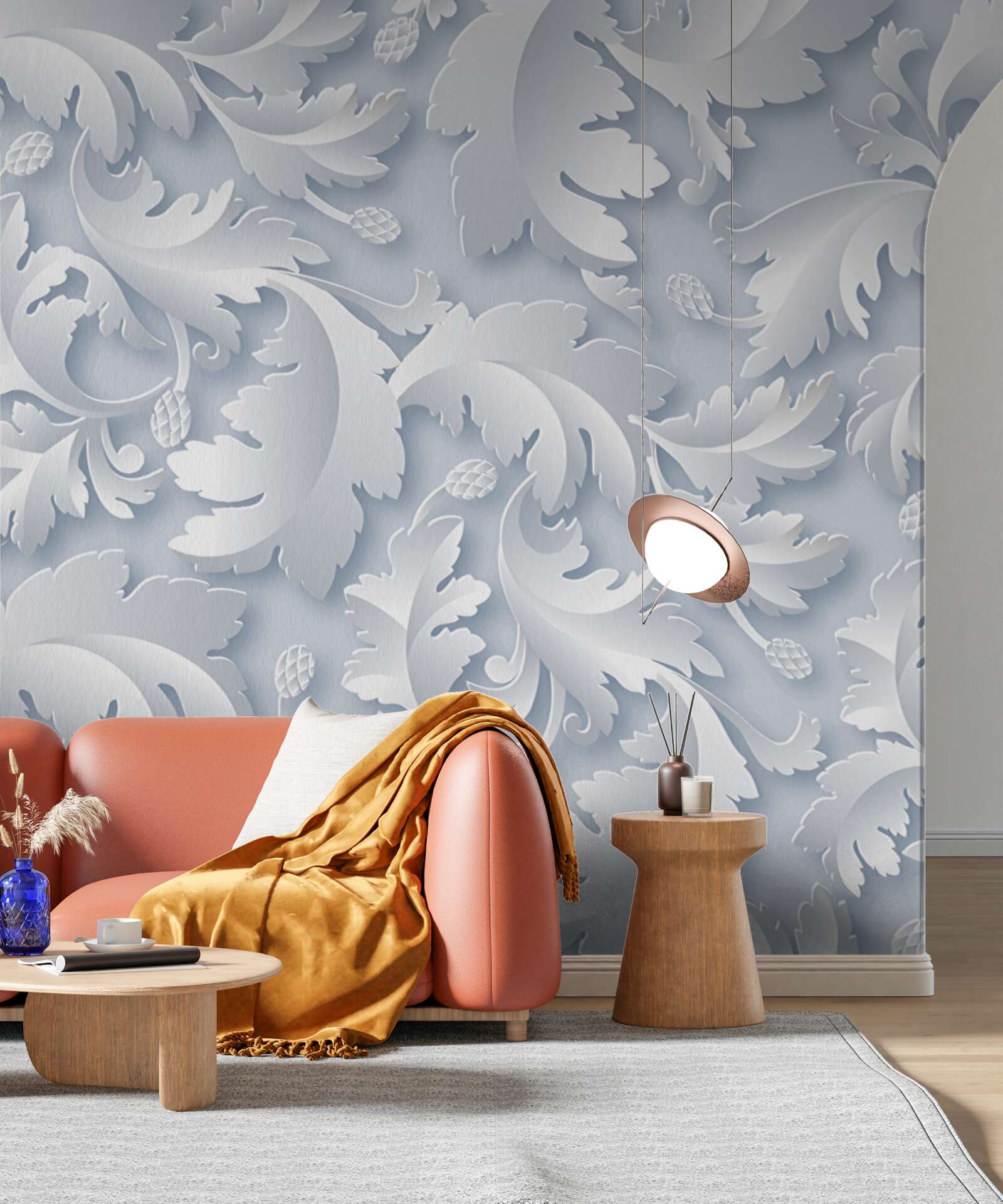 Фотошпалери абстрактний з білим і сріблястим листям