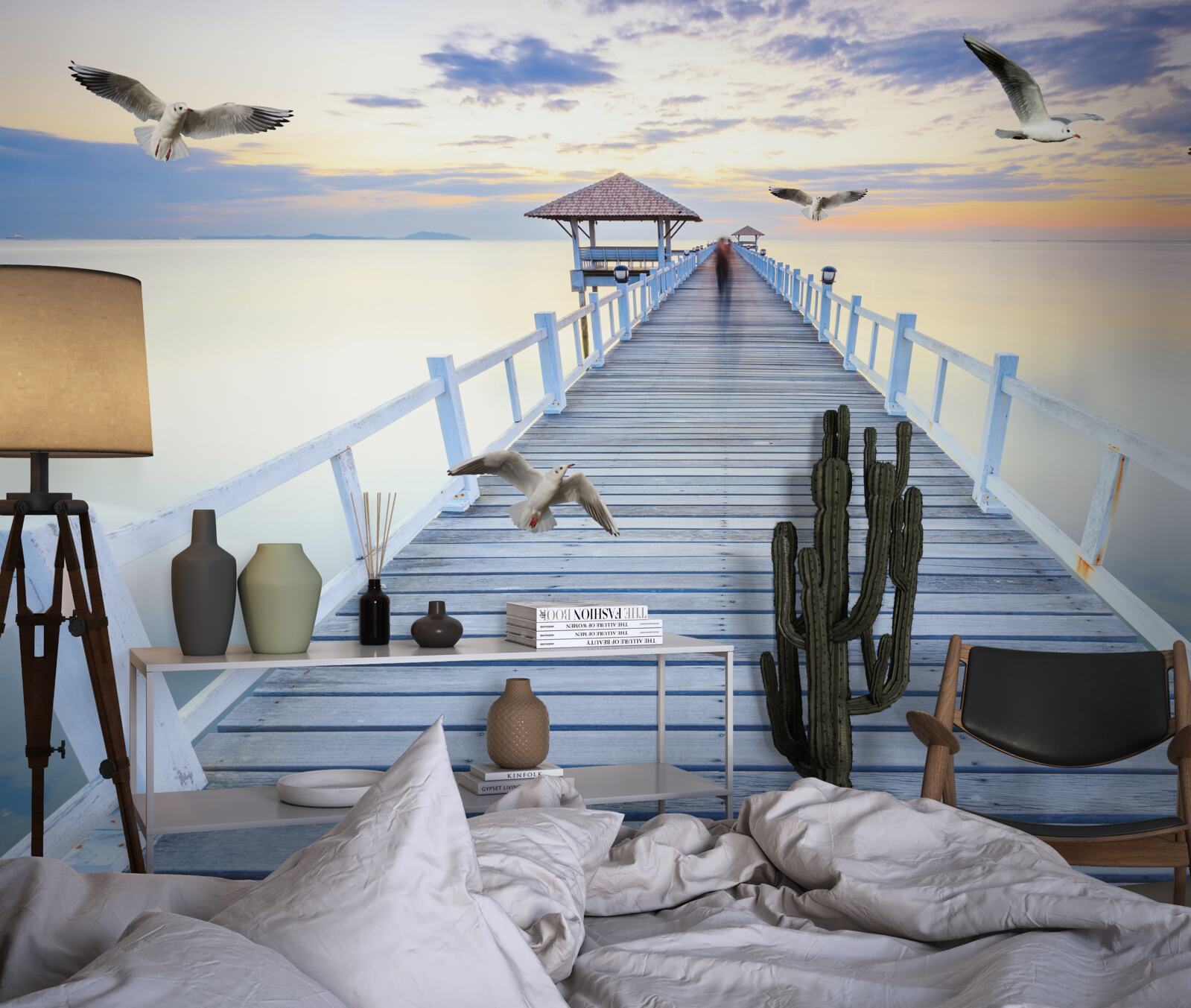 Фотошпалери дерев'яний пірс і чайки, що пролітають повз