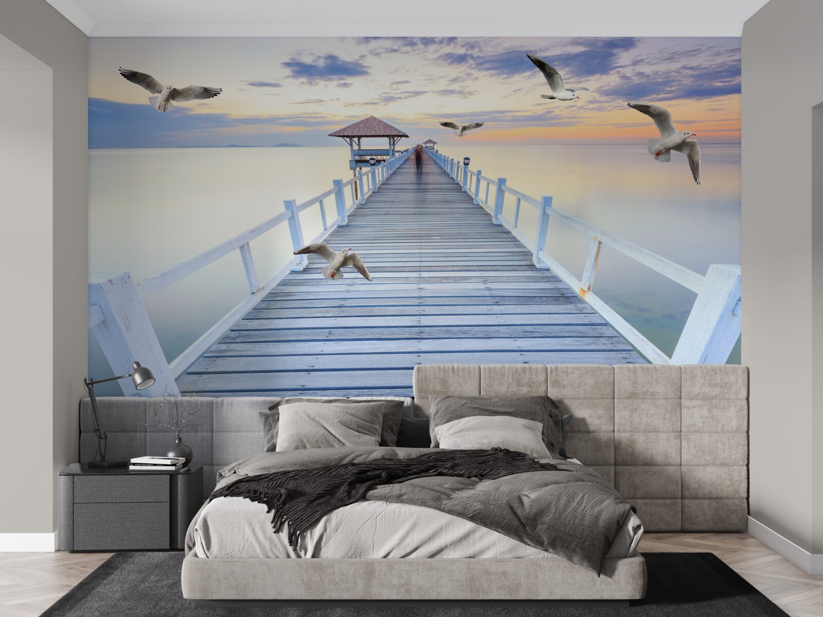 Фотошпалери дерев'яний пірс і чайки, що пролітають повз