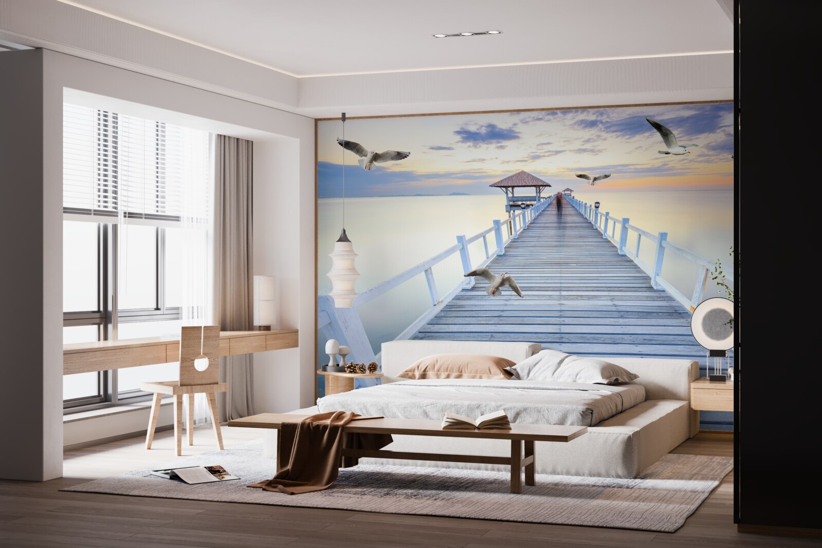 Фотошпалери дерев'яний пірс і чайки, що пролітають повз