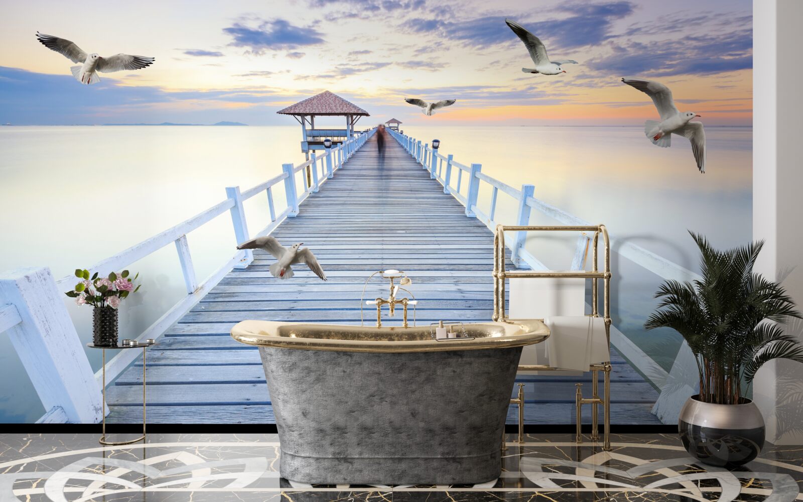 Фотошпалери дерев'яний пірс і чайки, що пролітають повз