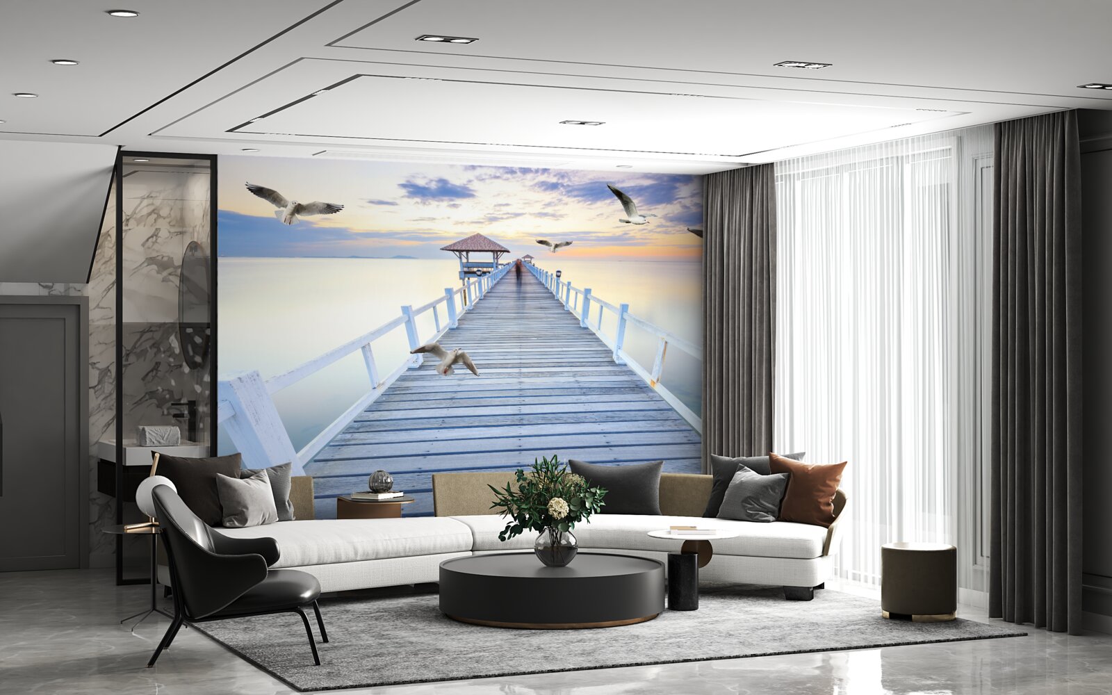 Фотошпалери дерев'яний пірс і чайки, що пролітають повз