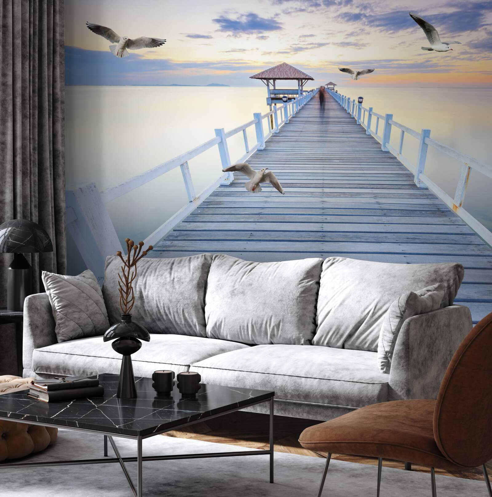 Фотошпалери дерев'яний пірс і чайки, що пролітають повз