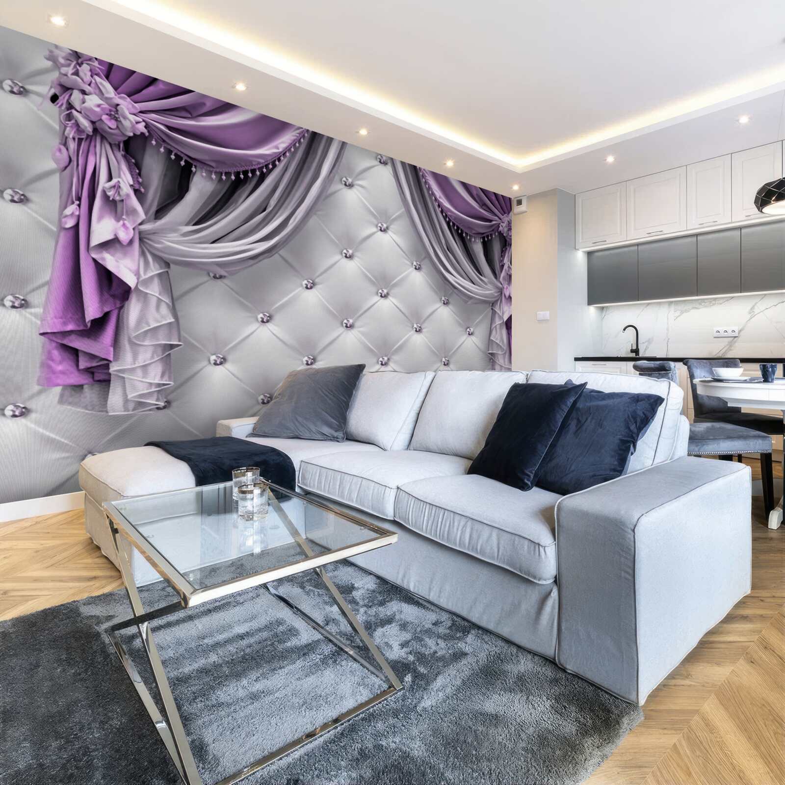 Фотошпалери ніжна біла тканина та фіолетові штори