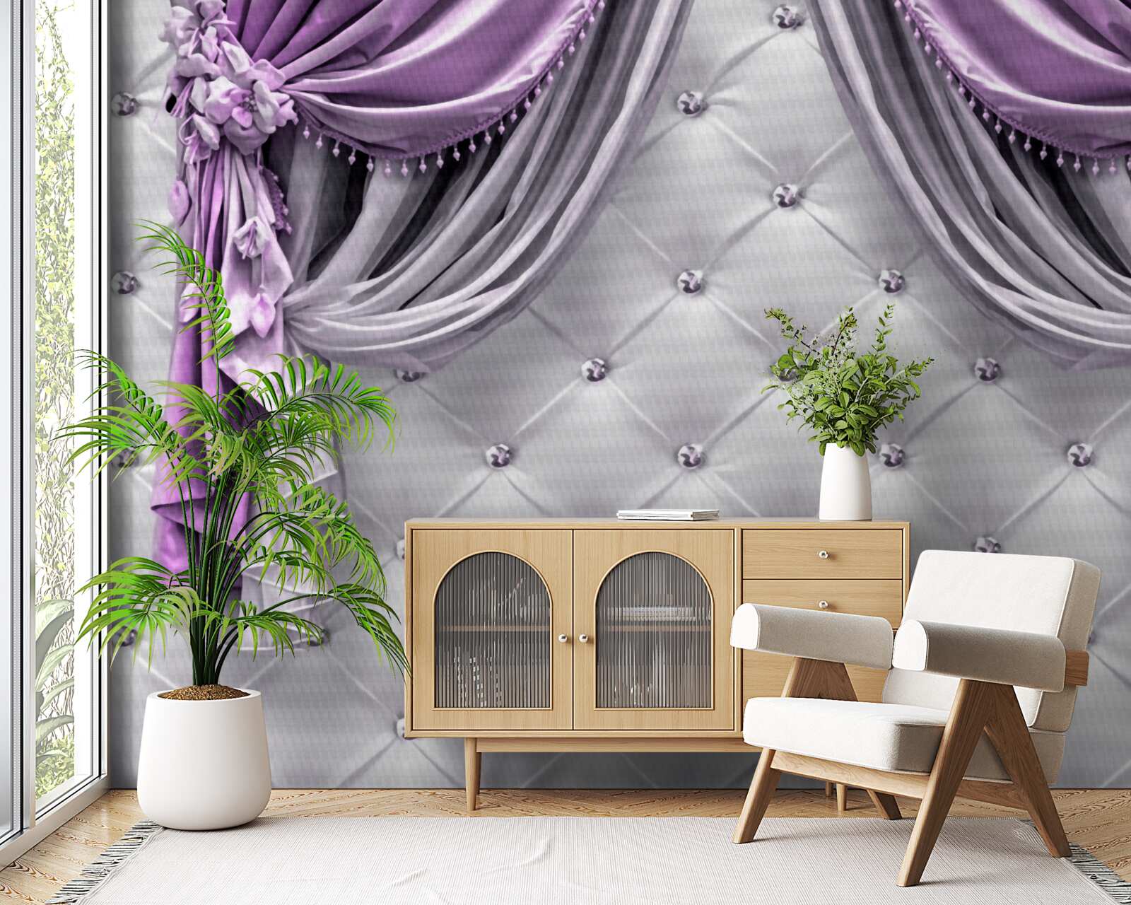 Фотошпалери ніжна біла тканина та фіолетові штори