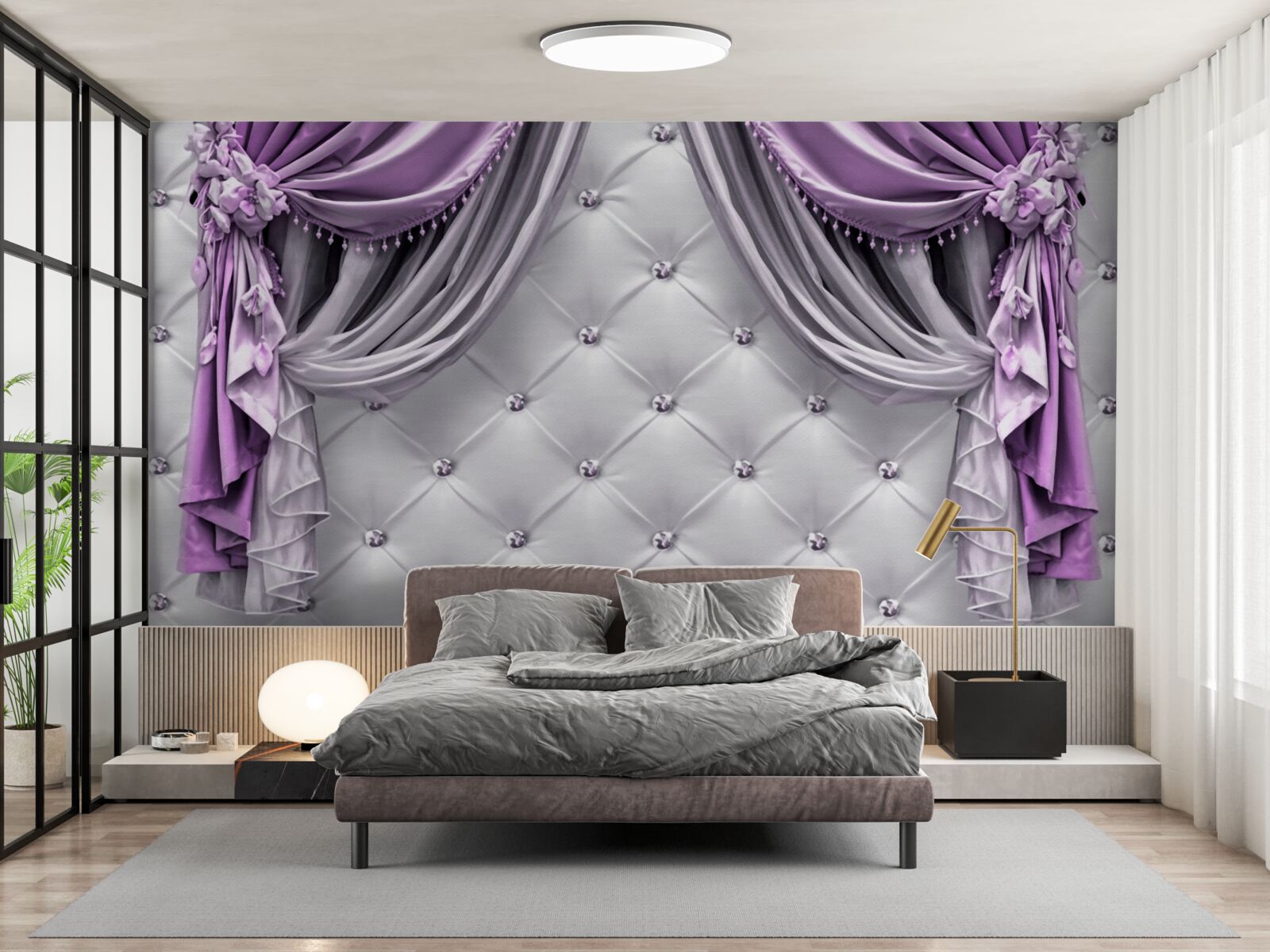 Фотошпалери ніжна біла тканина та фіолетові штори