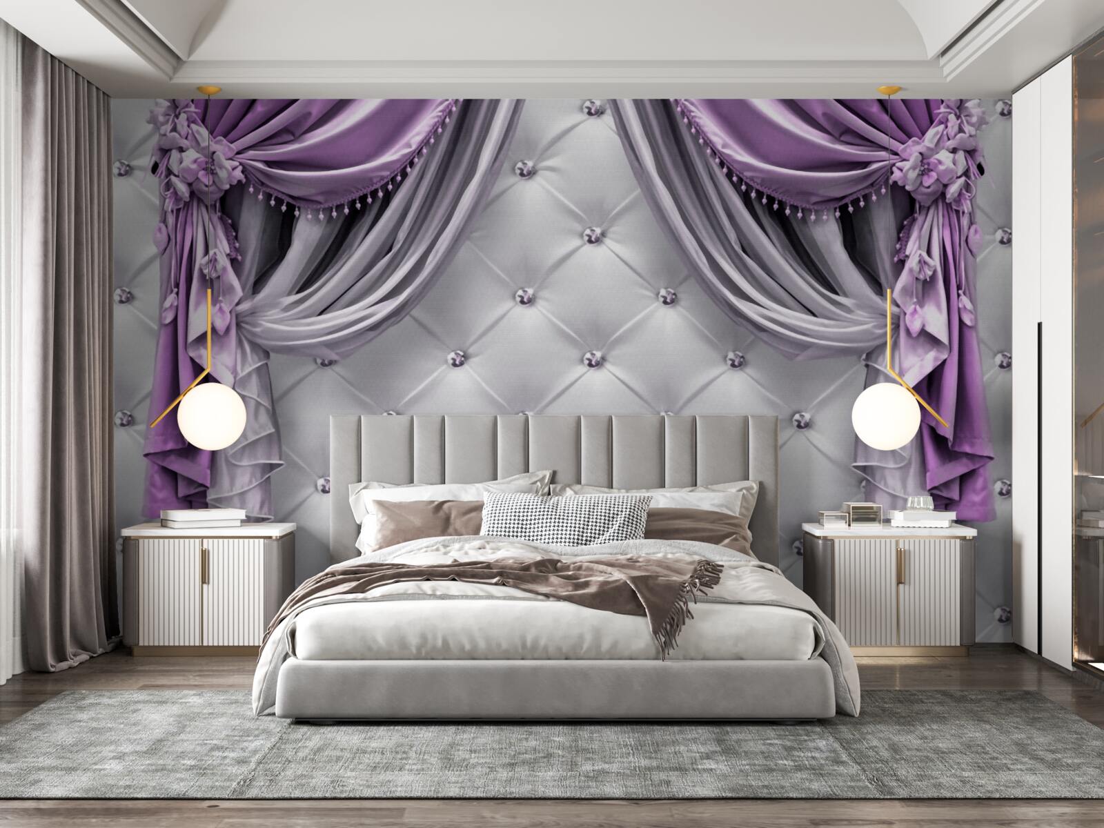 Фотошпалери ніжна біла тканина та фіолетові штори