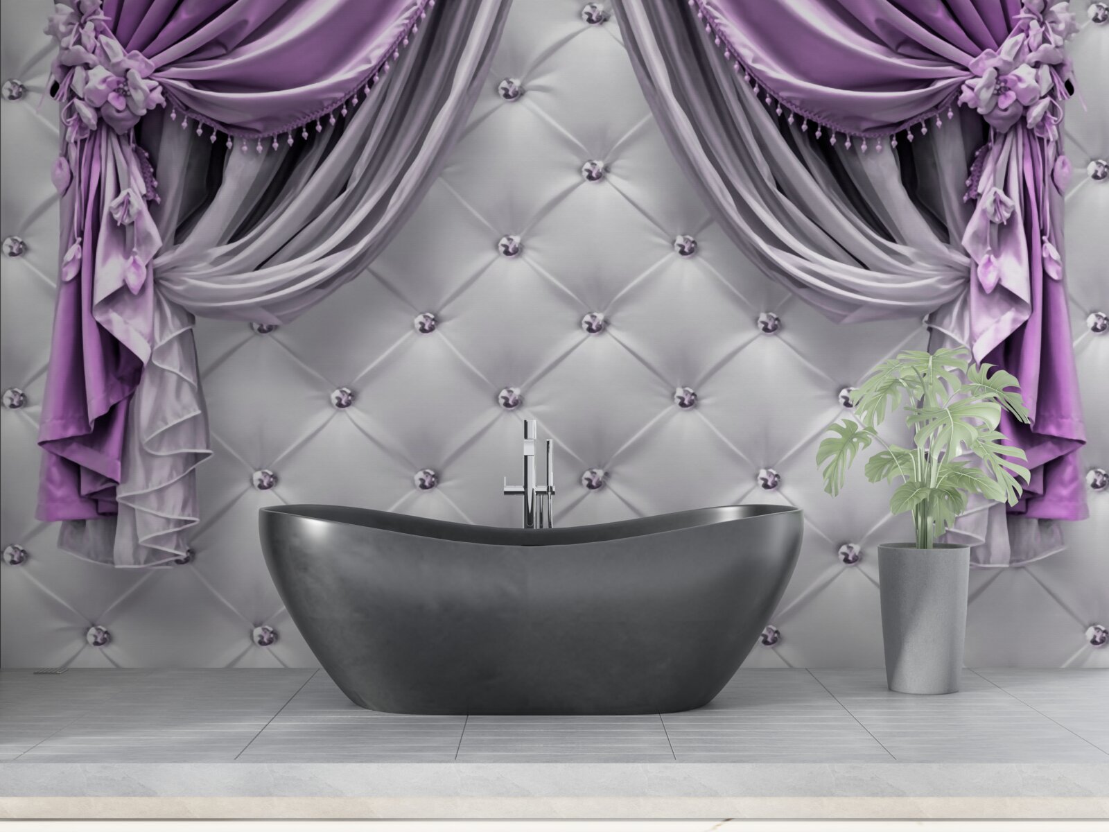 Фотошпалери ніжна біла тканина та фіолетові штори