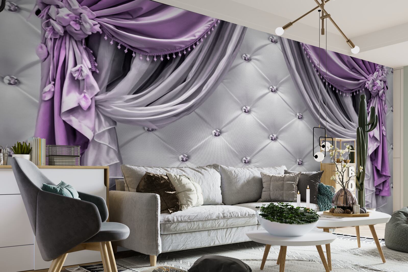 Фотошпалери ніжна біла тканина та фіолетові штори