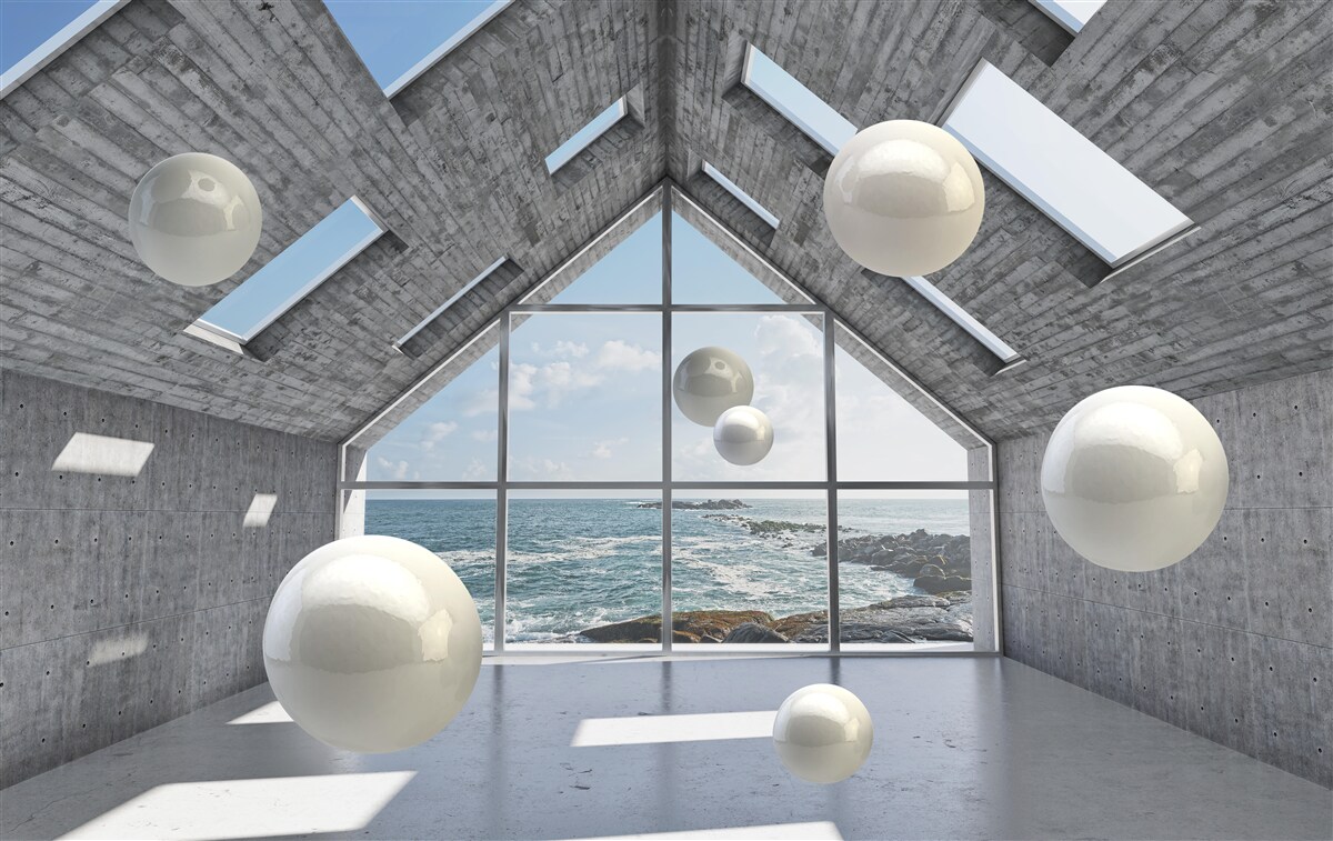 Фотошпалери плаваючі сферичні перлини всередині сірої будівлі