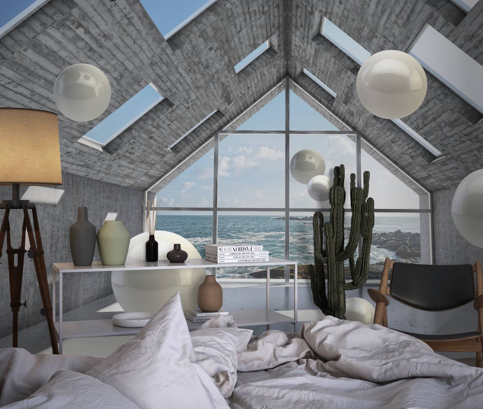 Фотошпалери плаваючі сферичні перлини всередині сірої будівлі