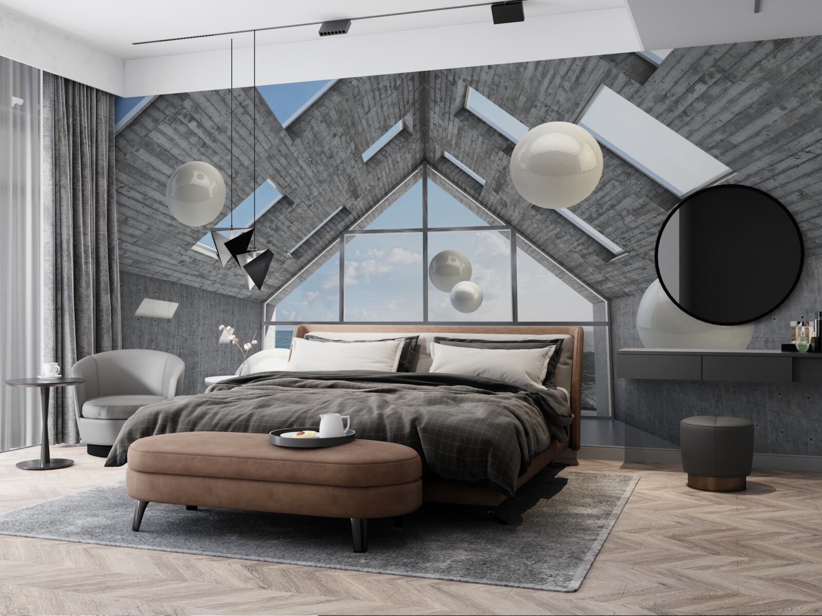 Фотошпалери плаваючі сферичні перлини всередині сірої будівлі