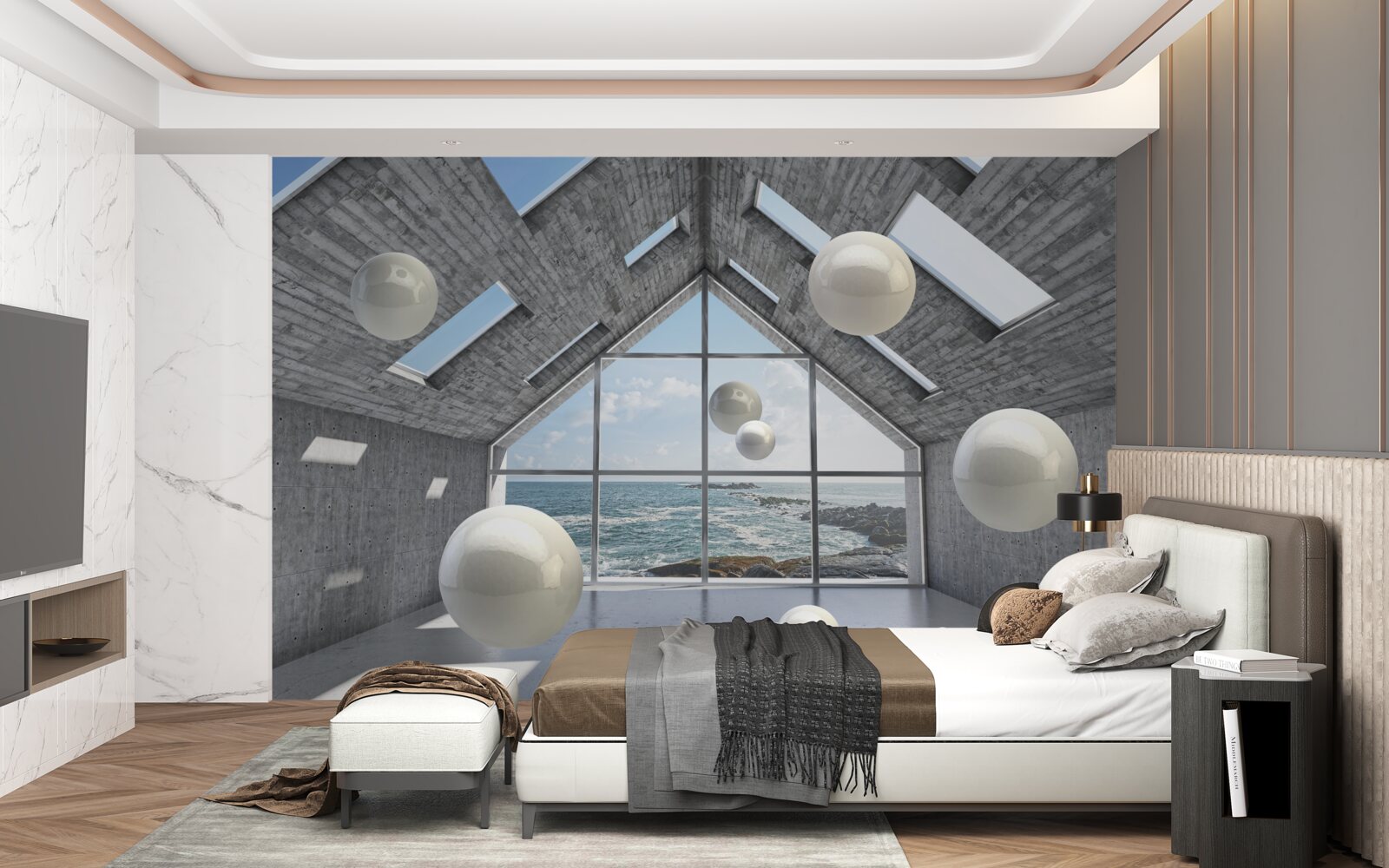 Фотошпалери плаваючі сферичні перлини всередині сірої будівлі