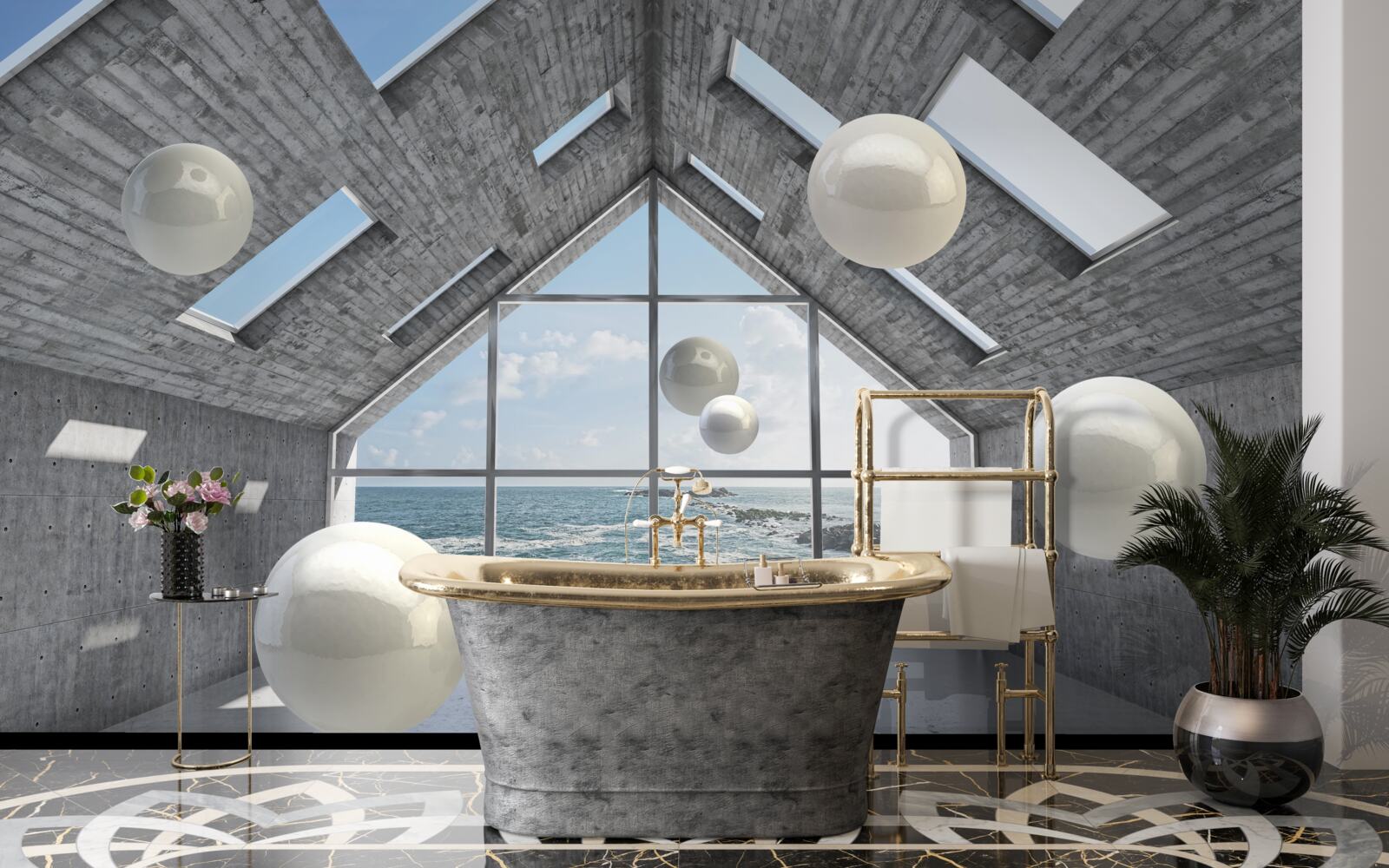 Фотошпалери плаваючі сферичні перлини всередині сірої будівлі