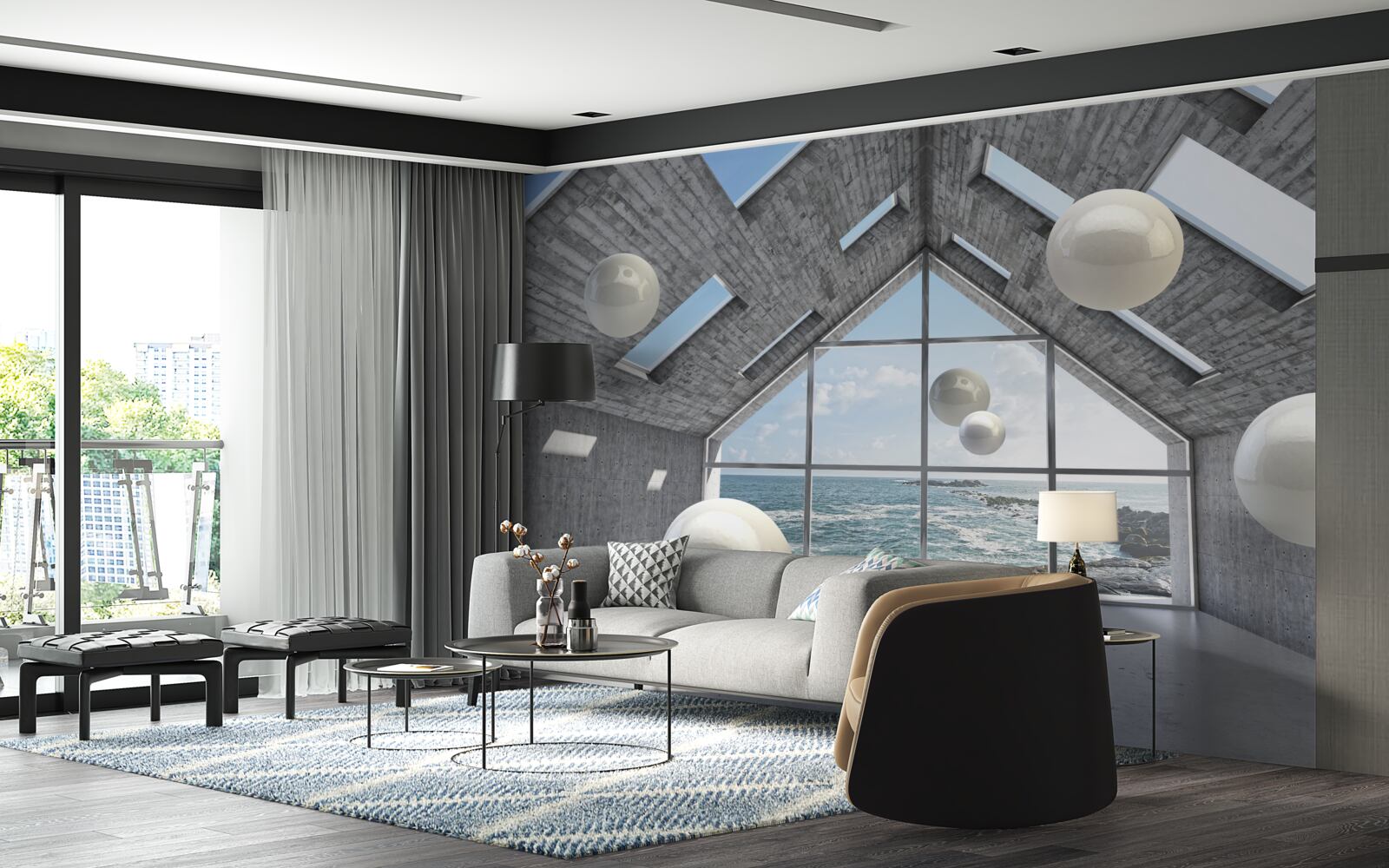 Фотошпалери плаваючі сферичні перлини всередині сірої будівлі