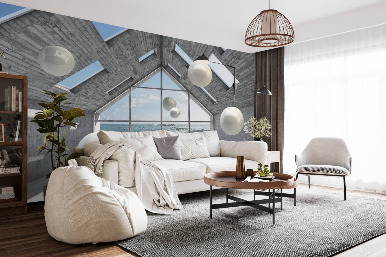 Фотошпалери плаваючі сферичні перлини всередині сірої будівлі