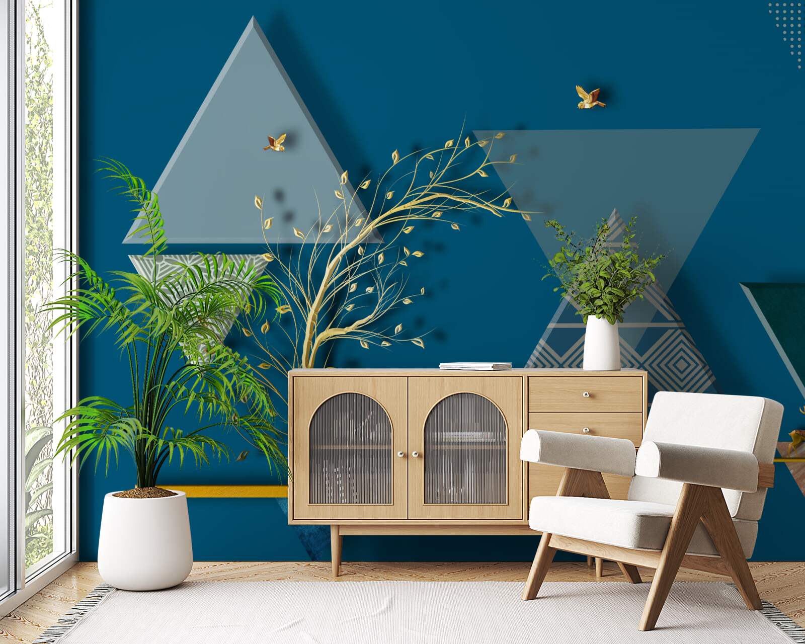 Фотошпалери різні трикутники на синьому тлі