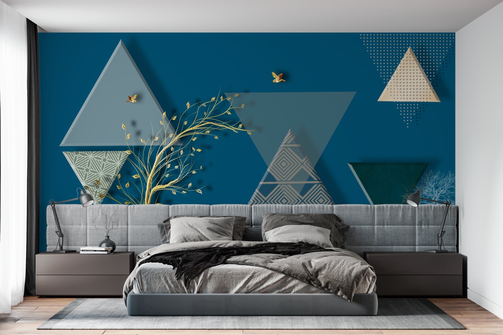 Фотошпалери різні трикутники на синьому тлі