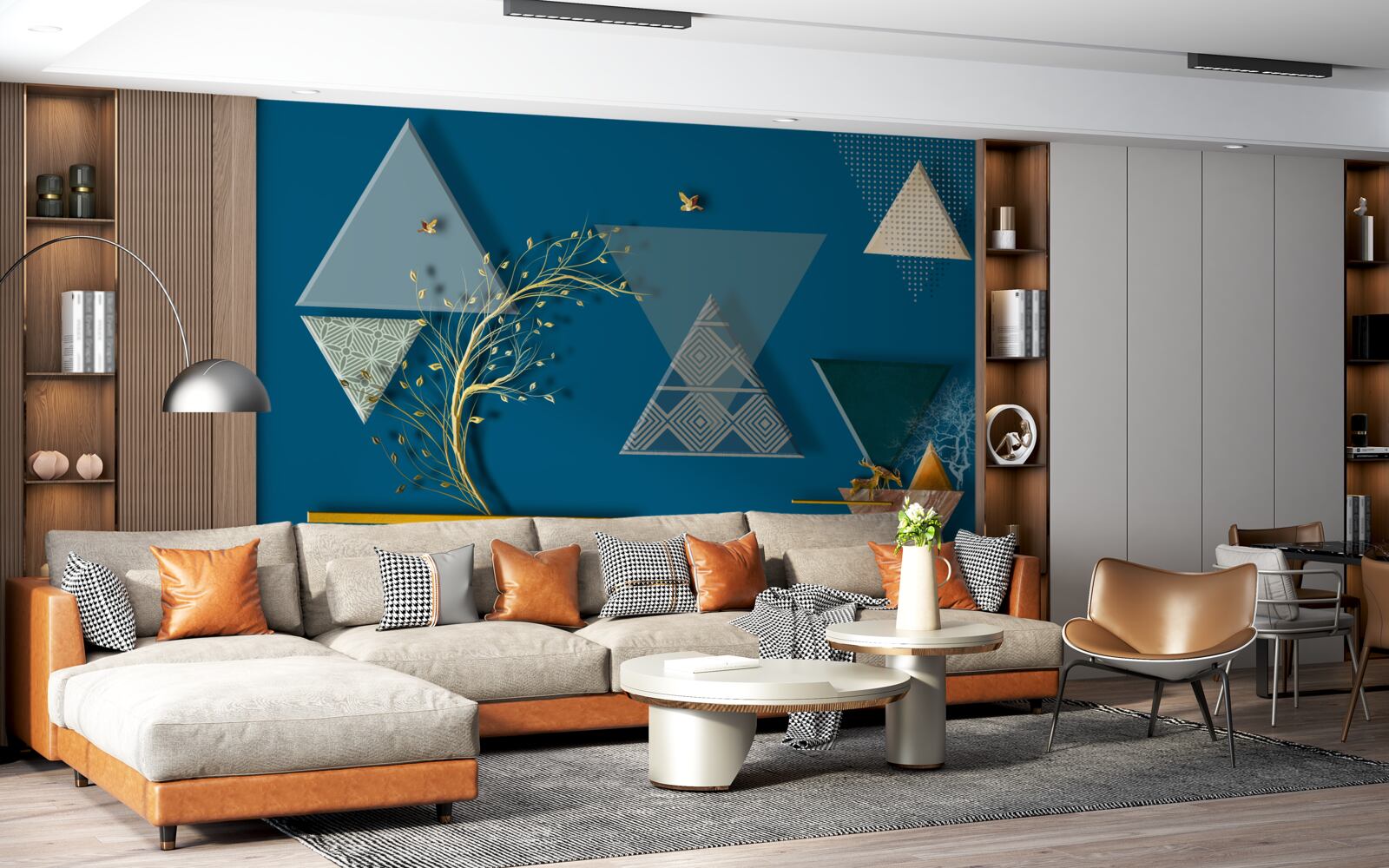 Фотошпалери різні трикутники на синьому тлі